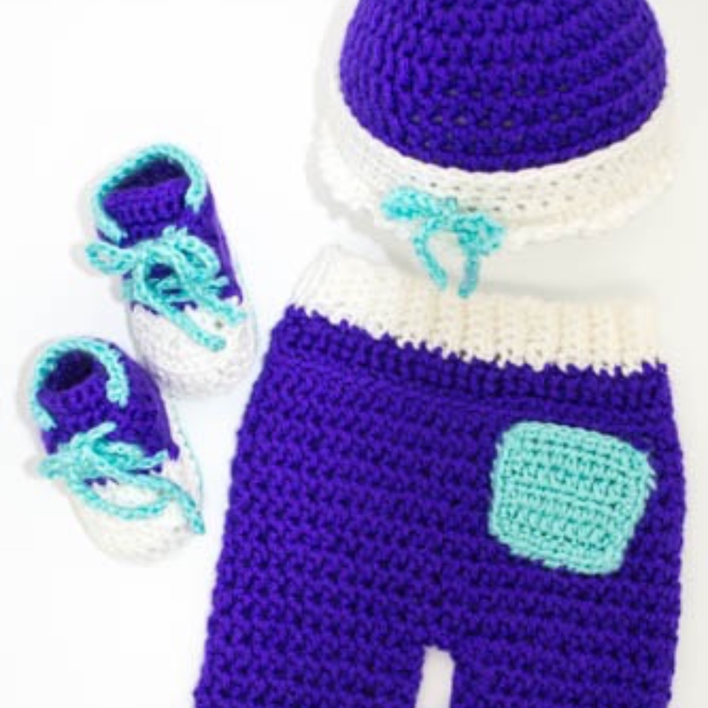Crocheted Purple and Teal Sneakers, Hat and Shorts